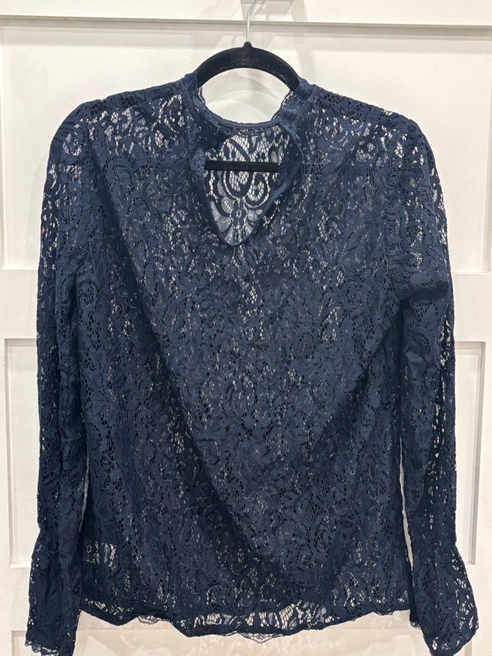 Pleione Navy Floral Lace Keyhole Blouse